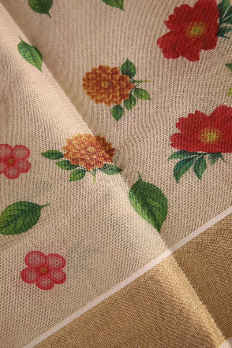 Cream White Kasavu Sarees with Gold Zari Flower Mottif view 3