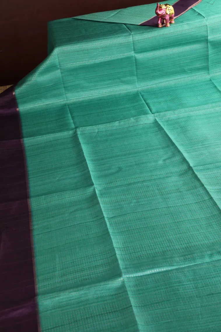 Teal Blue Tussar Saree with Gold Zari Stripes view 2