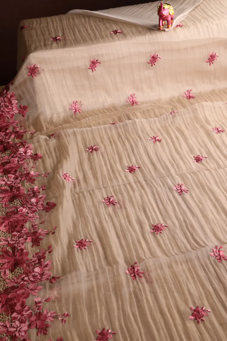 Salt White Organza Saree Without Zari With Floral Puttas view 2