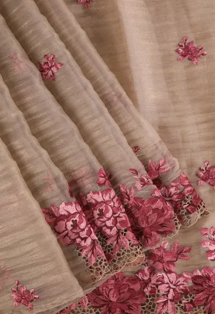 Salt White Organza Saree Without Zari With Floral Puttas