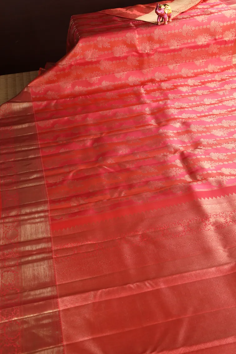 Strawberry Pink Kanchipuram Silk Sarees with Gold Zari Floral Patterns view 2