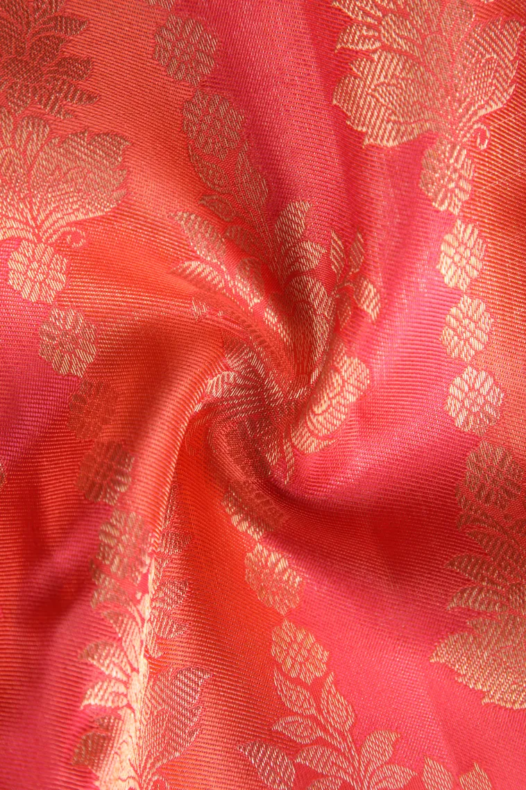 Strawberry Pink Kanchipuram Silk Sarees with Gold Zari Floral Patterns view 4