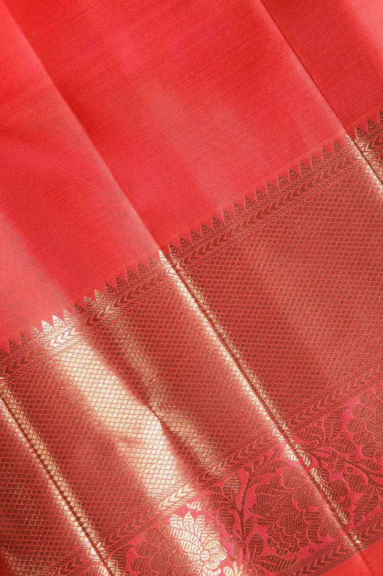 Strawberry Pink Kanchipuram Silk Sarees with Gold Zari Floral Patterns view 3