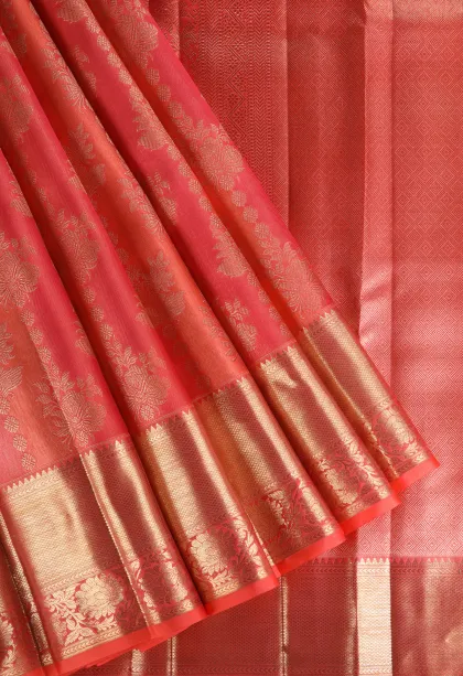 Strawberry Pink Kanchipuram Silk Sarees with Gold Zari Floral Patterns