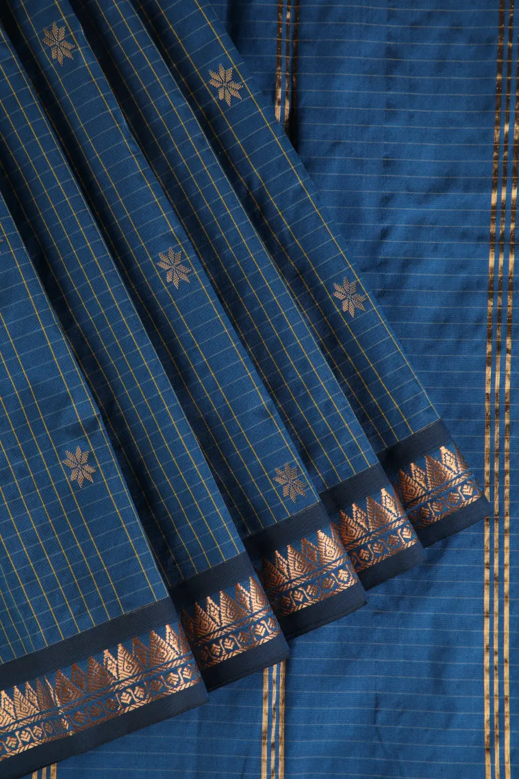 Cerulean Blue Soft Silk Saree with Gold Zari Checks And Puttas view 1