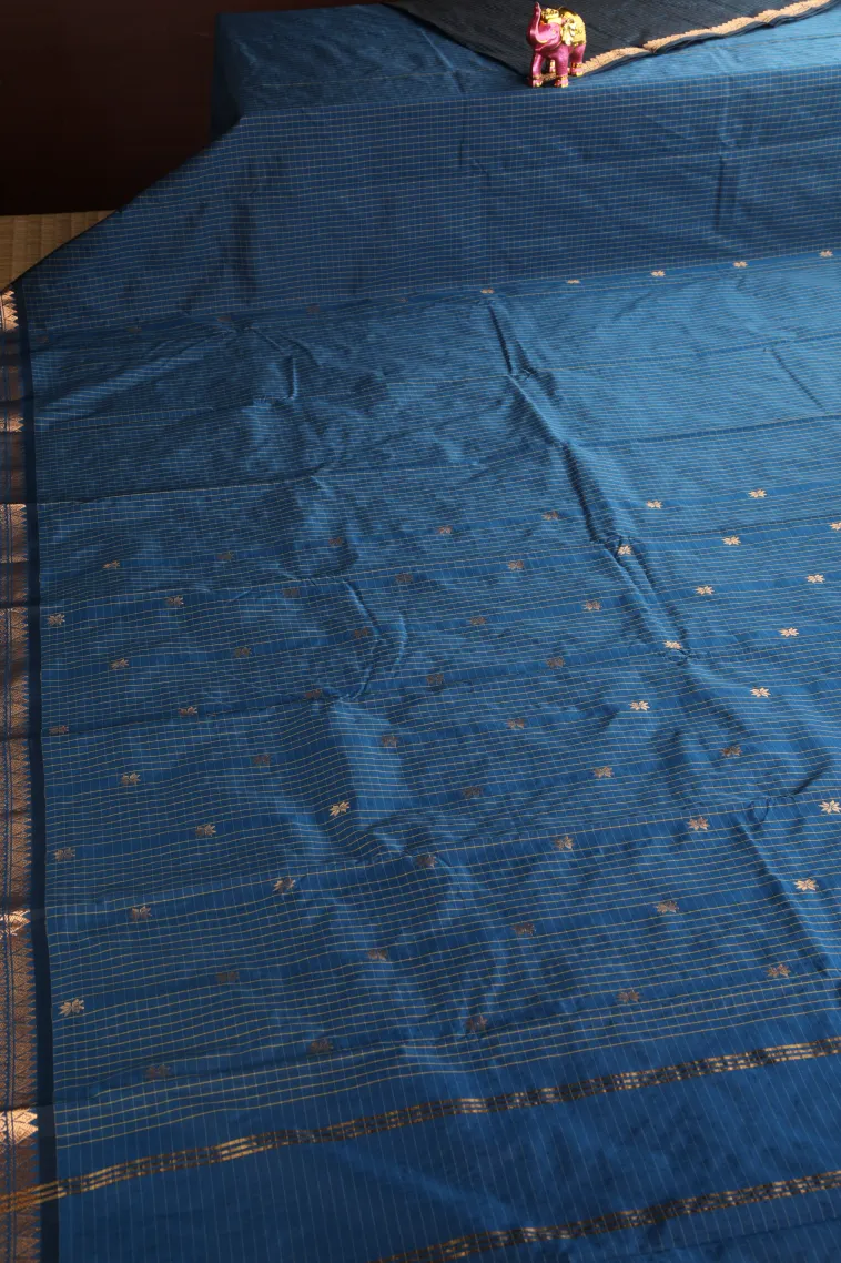 Cerulean Blue Soft Silk Saree with Gold Zari Checks And Puttas view 2