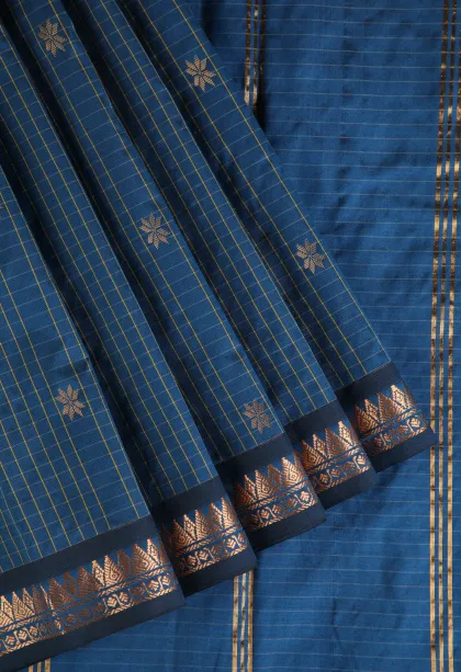 Cerulean Blue Soft Silk Saree with Gold Zari Checks And Puttas