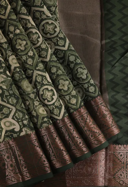 Paris Green Chanderi Cotton Sarees with Copper Zari Geometric Shapes