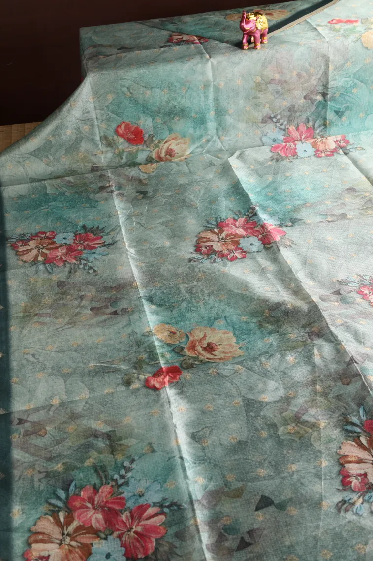 Teal Blue Semi Tussar Silk Without Zari With Floral Patterns view 2