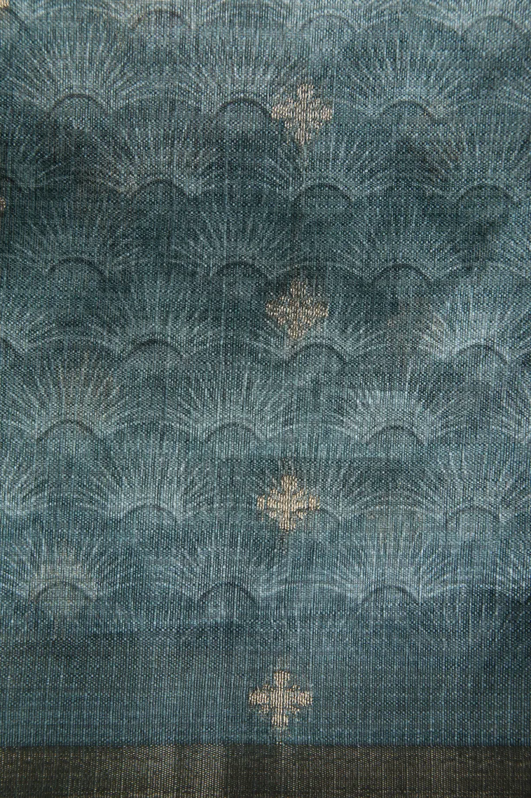 Teal Blue Semi Tussar Silk Without Zari With Floral Patterns view 3