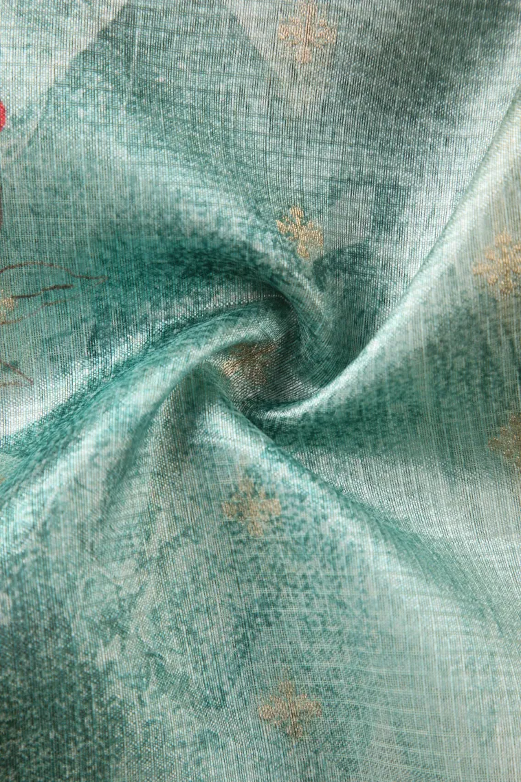 Teal Blue Semi Tussar Silk Without Zari With Floral Patterns view 4