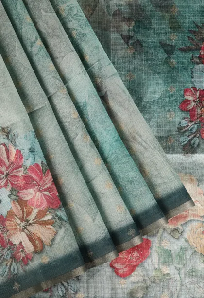 Teal Blue Semi Tussar Silk Without Zari With Floral Patterns