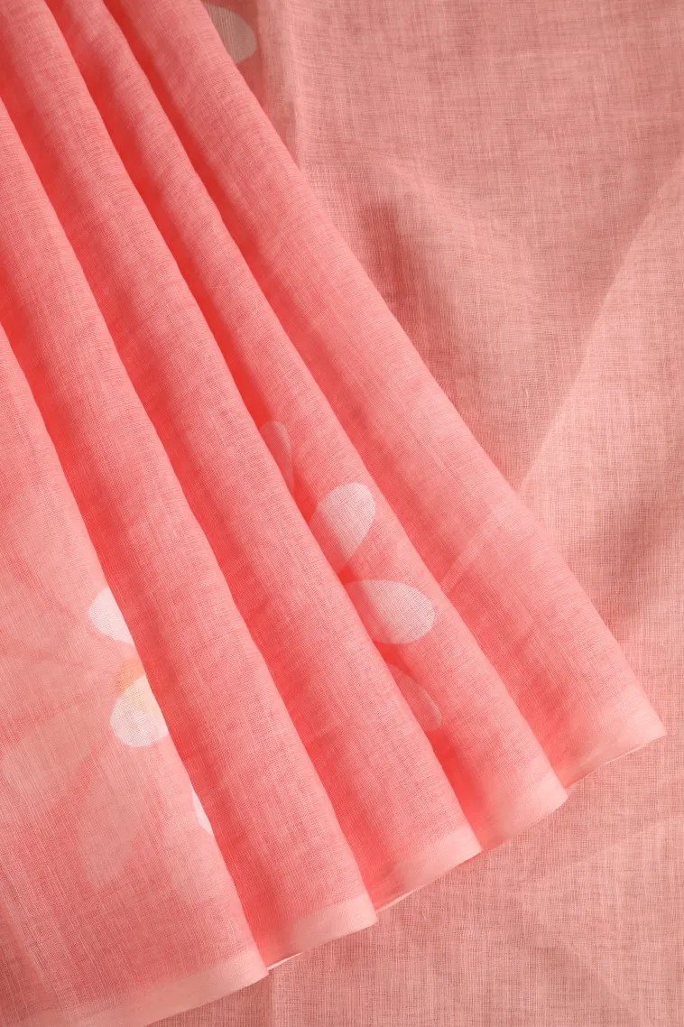 Peach Pink Linen Saree Without Zari With Flower Mottif