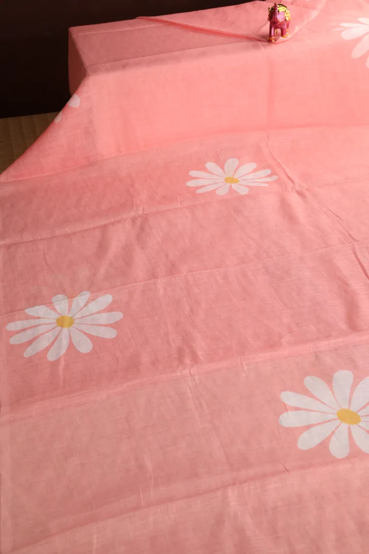 Peach Pink Linen Saree Without Zari With Flower Mottif view 2