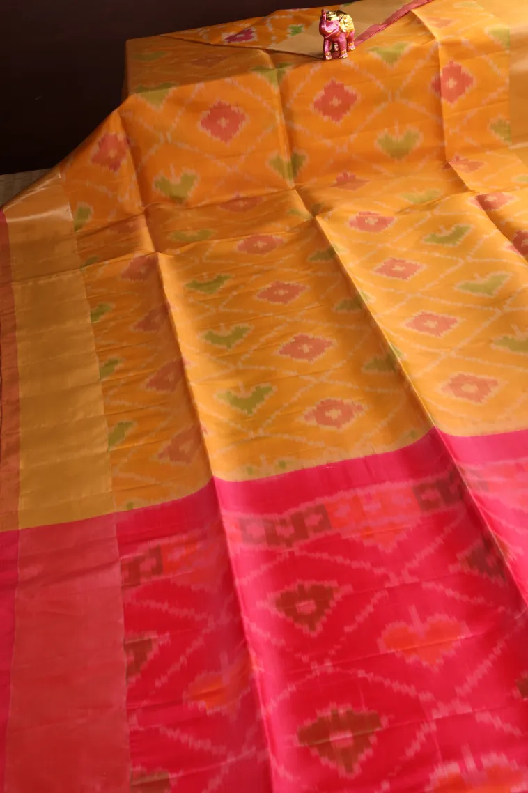 Lemon Yellow Pochampalli Saree Without Zari With Floral Patterns view 2
