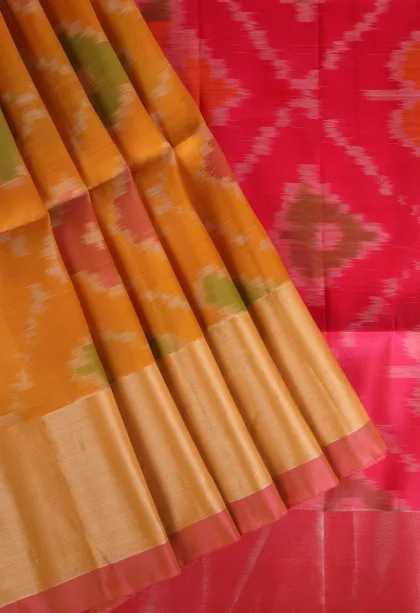 Lemon Yellow Pochampalli Saree Without Zari With Floral Patterns