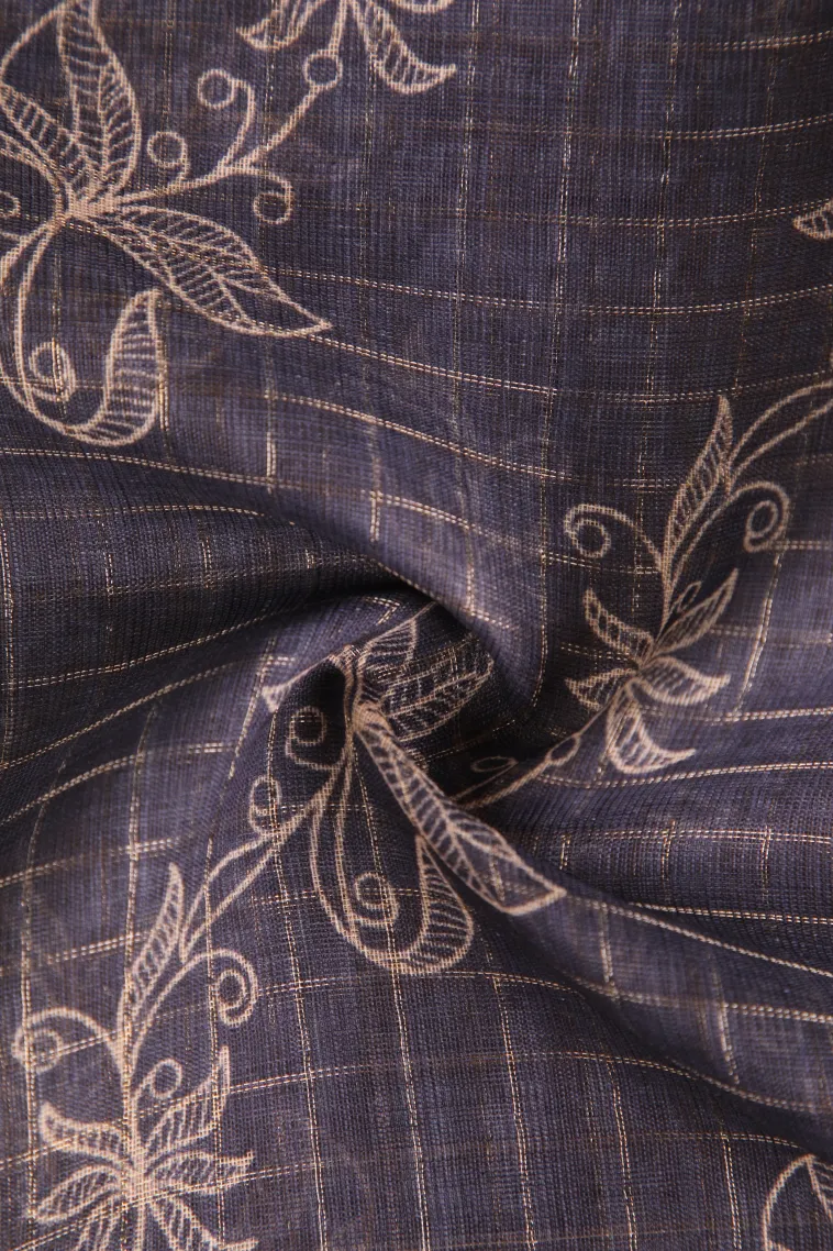 Indigo Blue Linen Saree with Gold Zari Checks And Puttas view 4