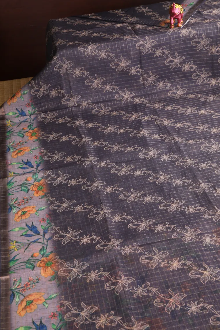 Indigo Blue Linen Saree with Gold Zari Checks And Puttas view 2