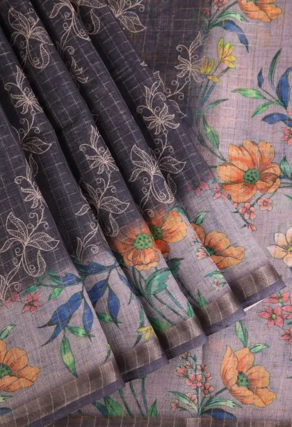 Indigo Blue Linen Saree with Gold Zari Checks And Puttas