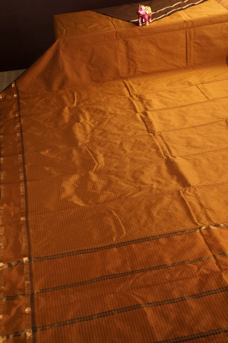 Tawny Brown Soft Silk Saree with Gold Zari Checks view 2
