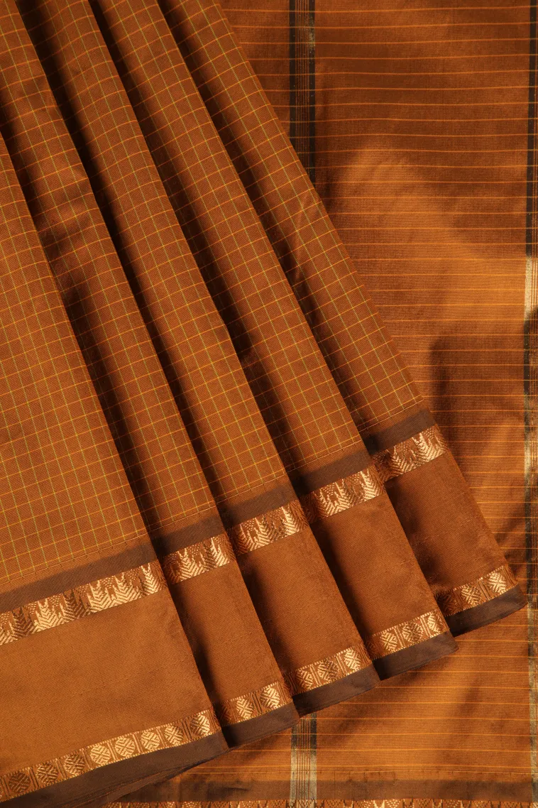 Tawny Brown Soft Silk Saree with Gold Zari Checks view 1