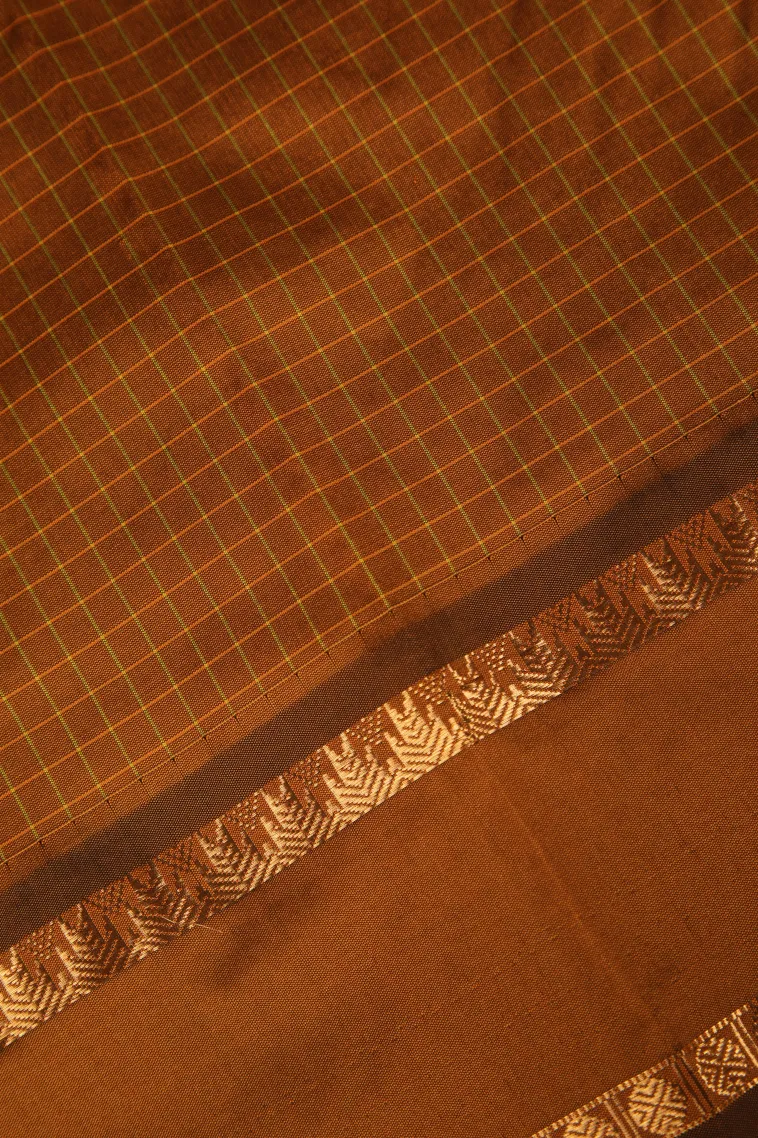 Tawny Brown Soft Silk Saree with Gold Zari Checks view 3