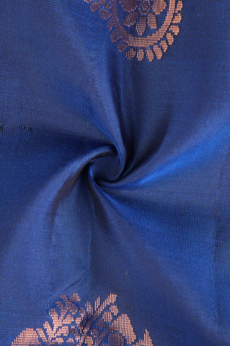 Admiral Blue Soft Silk Saree with Copper Zari Flower Mottif view 4