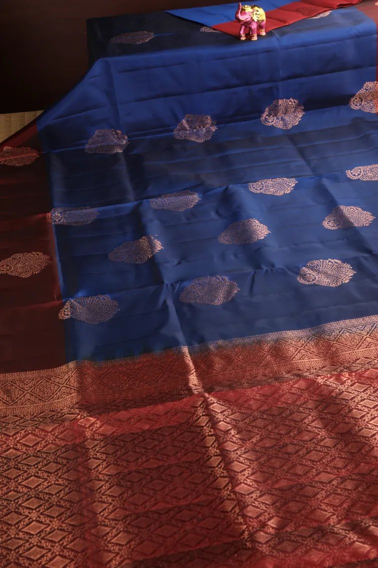 Admiral Blue Soft Silk Saree with Copper Zari Flower Mottif view 2