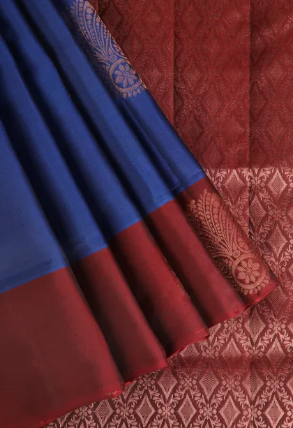 Admiral Blue Soft Silk Saree with Copper Zari Flower Mottif