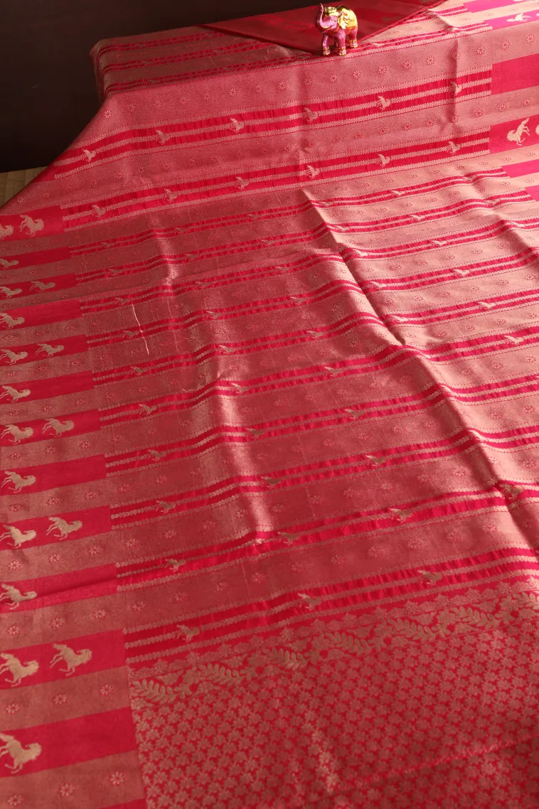 Punch Pink Banaras Sarees with Gold Zari Animal Mottif view 2