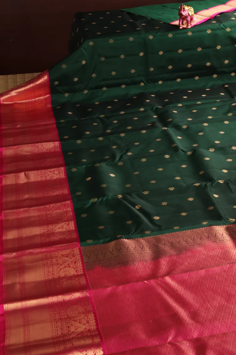 Bottle Green Soft Silk Saree with Gold Zari Buttis (small Dots Or Motifs) view 2