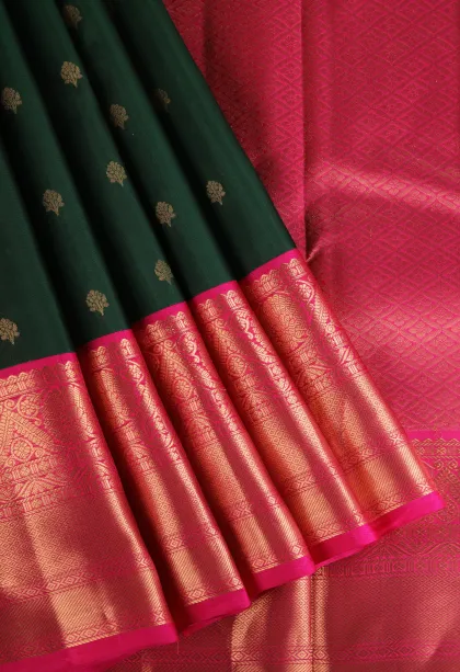 Bottle Green Soft Silk Saree with Gold Zari Buttis (small Dots Or Motifs)
