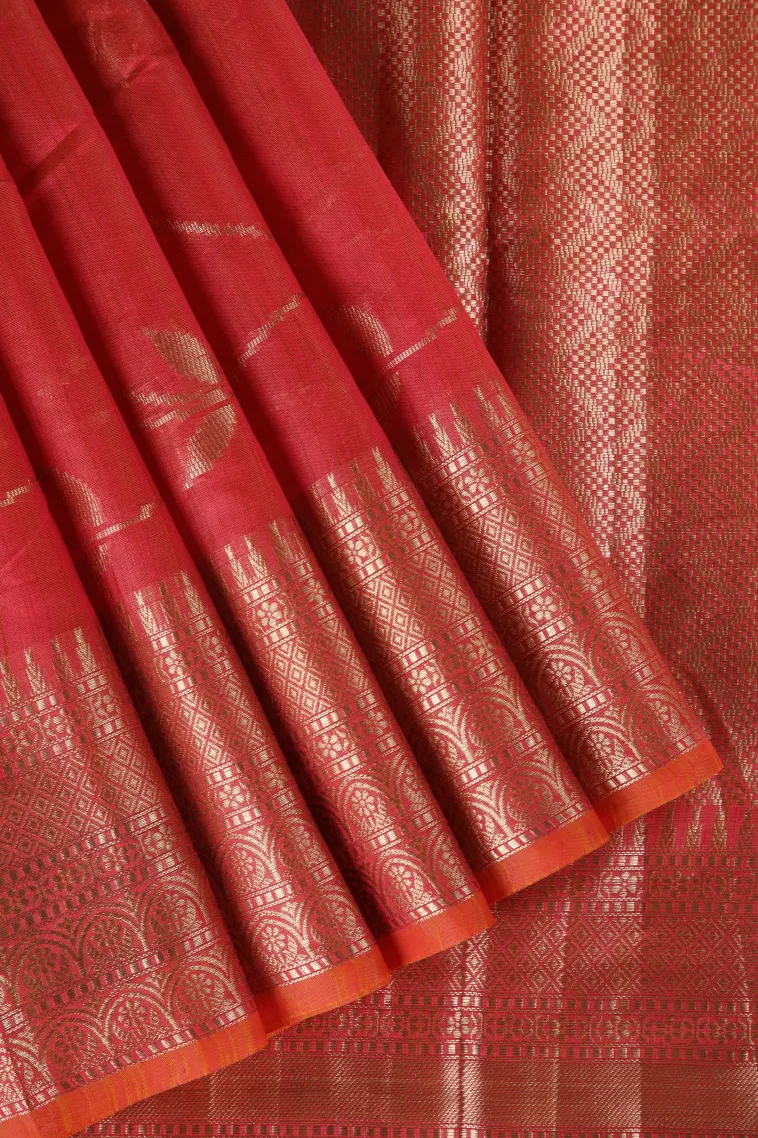 Strawberry Pink Semi Tussar Silk with Antic Zari Flower Mottif