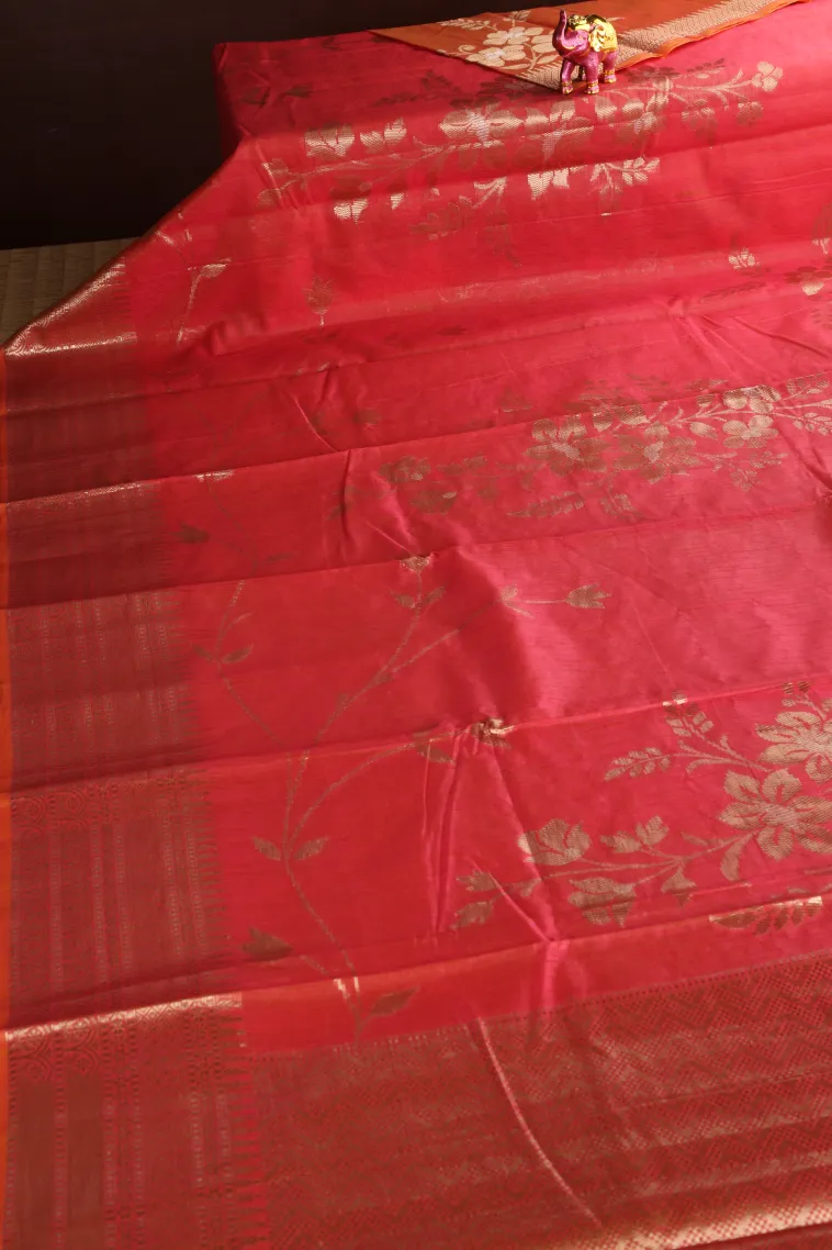 Strawberry Pink Semi Tussar Silk with Antic Zari Flower Mottif view 2