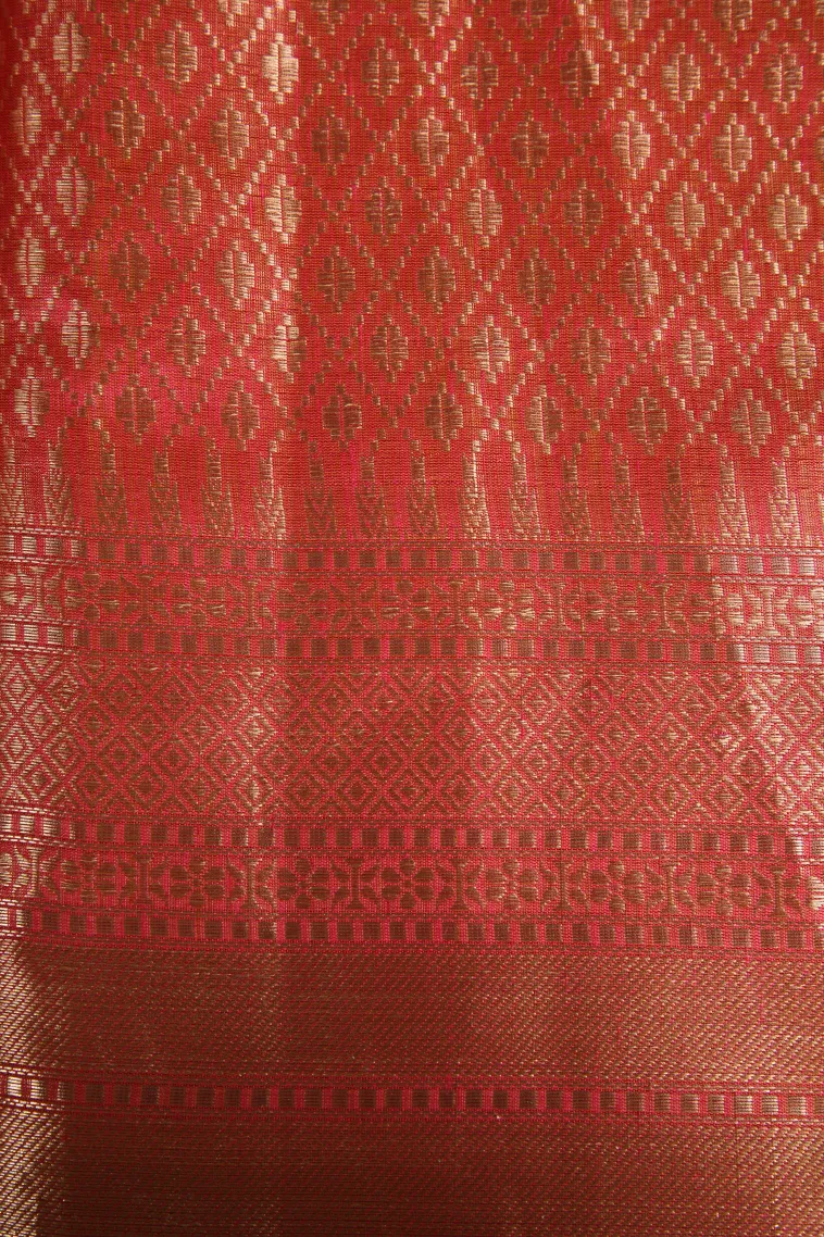 Strawberry Pink Semi Tussar Silk with Antic Zari Flower Mottif view 3