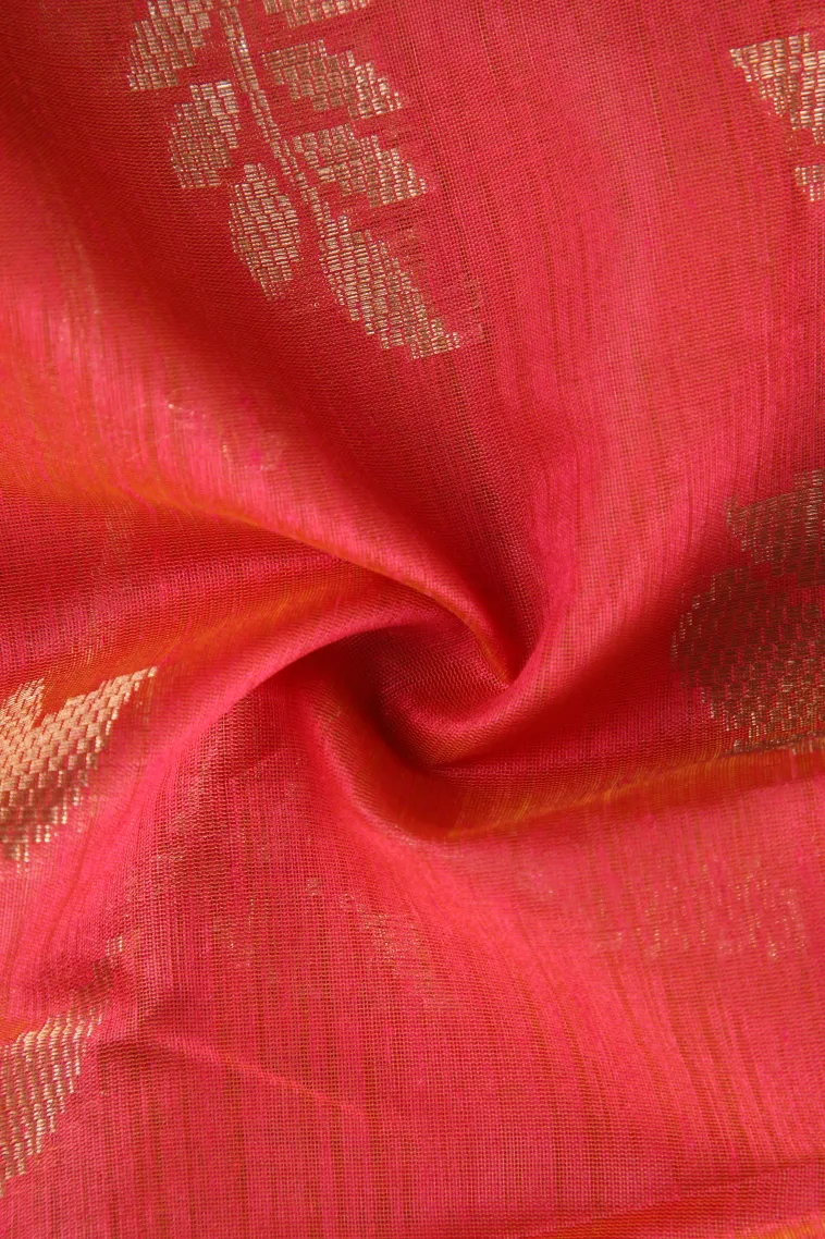 Strawberry Pink Semi Tussar Silk with Antic Zari Flower Mottif view 4