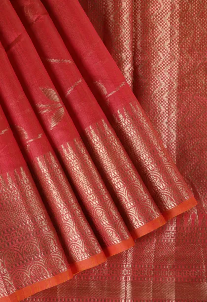 Strawberry Pink Semi Tussar Silk with Antic Zari Flower Mottif