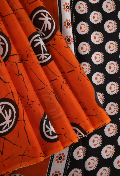 Fire Orange Mul Mul Cotton Without Zari With Floral Patterns