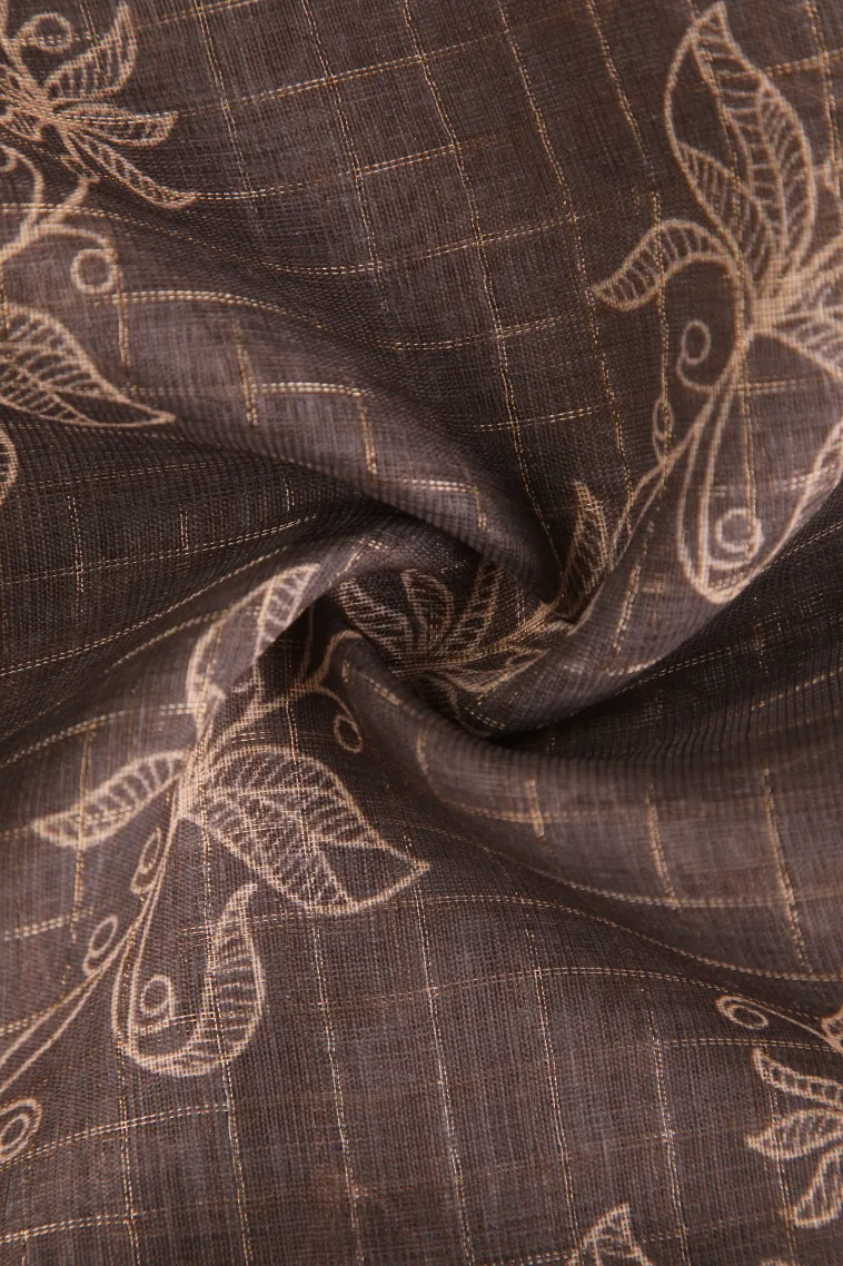 Eel Black Linen Saree with Gold Zari Checks And Puttas view 4