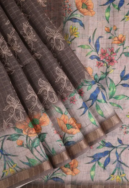 Eel Black Linen Saree with Gold Zari Checks And Puttas
