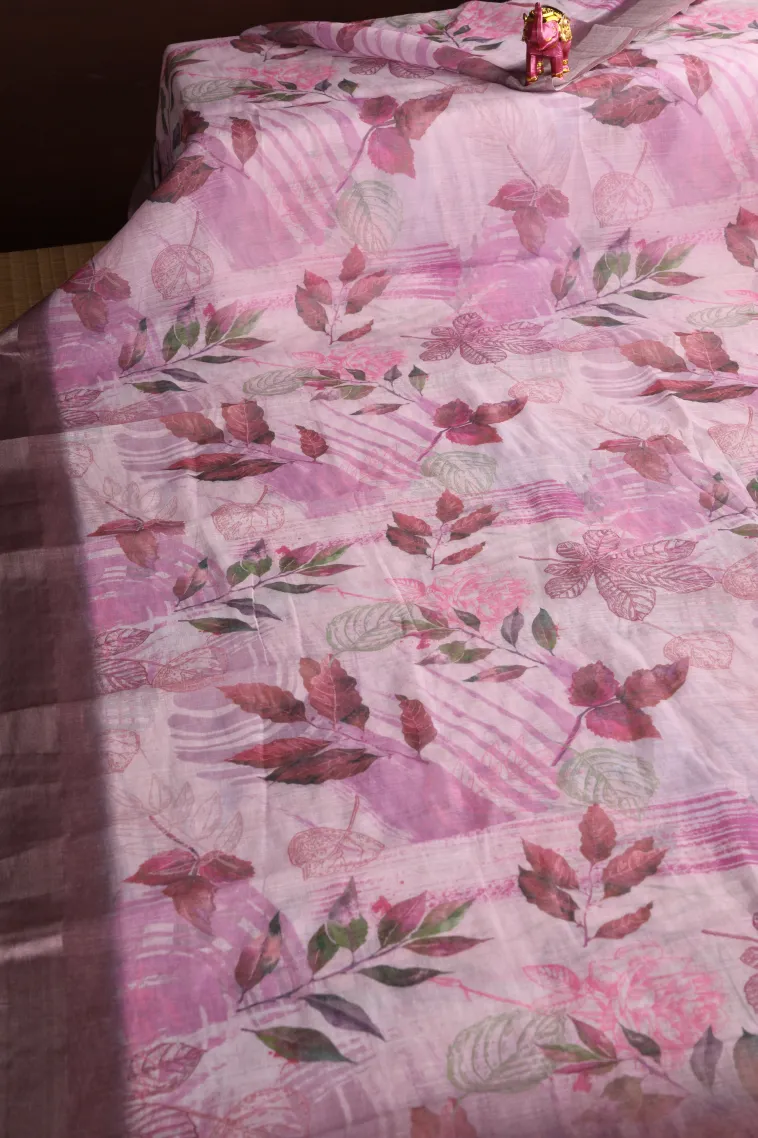 Lavender Purple Linen Saree with Silver Zari Floral Patterns view 2