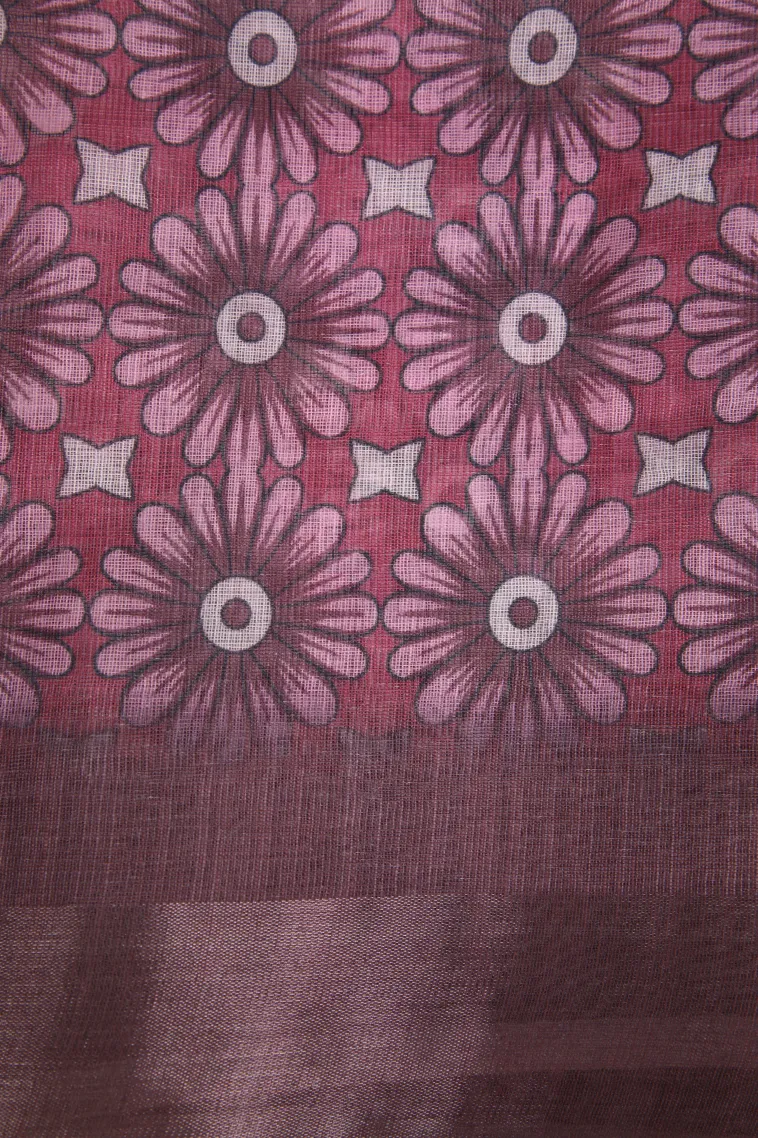 Lavender Purple Linen Saree with Silver Zari Floral Patterns view 3