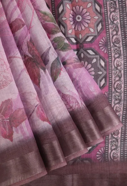Lavender Purple Linen Saree with Silver Zari Floral Patterns