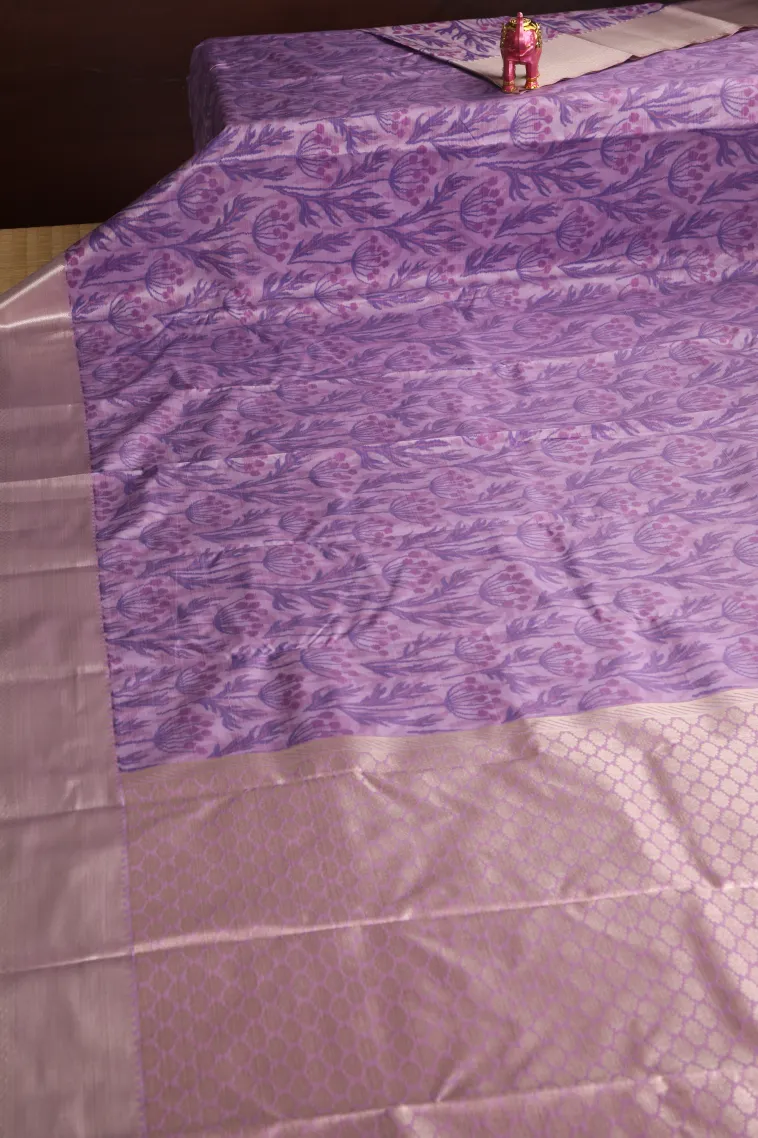 Periwinkle Purple Soft Silk Sarees with Bronze Zari Floral Patterns view 2