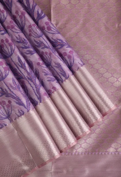 Periwinkle Purple Soft Silk Sarees with Bronze Zari Floral Patterns