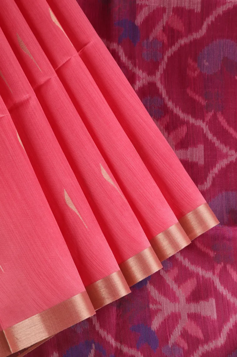 Rouge Pink Silk Cotton Sarees with Gold Zari Buttis (small Dots Or Motifs)