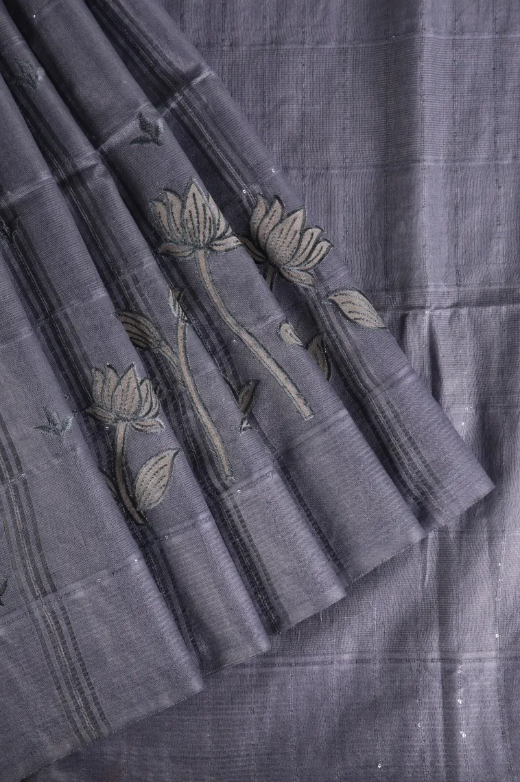 Indigo Blue Semi Tussar Silk with Thread Zari Checks And Puttas