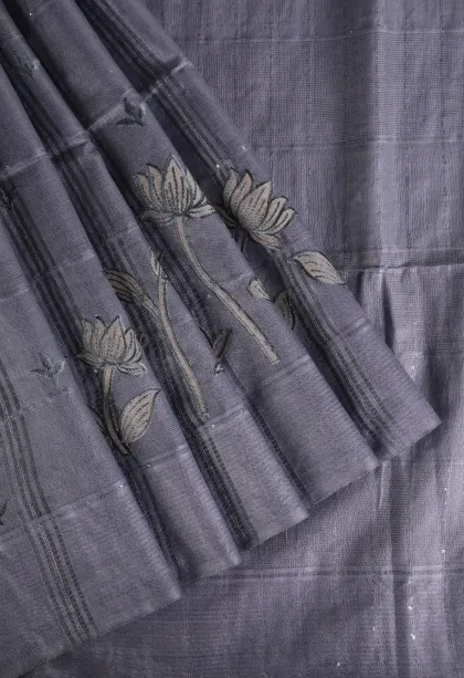 Indigo Blue Semi Tussar Silk with Thread Zari Checks And Puttas