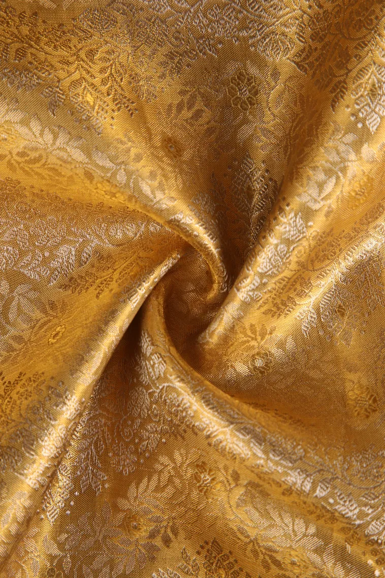 Gold Kanchipuram Silk Sarees with Gold Zari Floral Patterns view 4