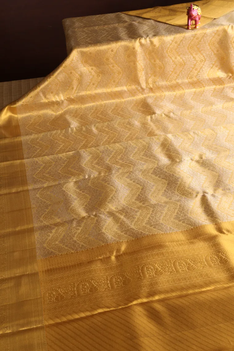 Gold Kanchipuram Silk Sarees with Gold Zari Floral Patterns view 2